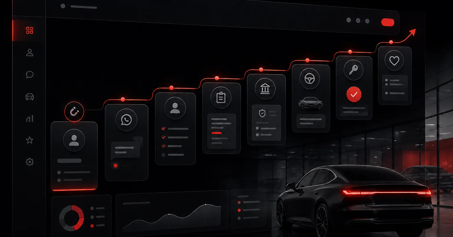 Pipeline de un CRM automotriz para concesionarios con etapas desde el lead hasta la postventa